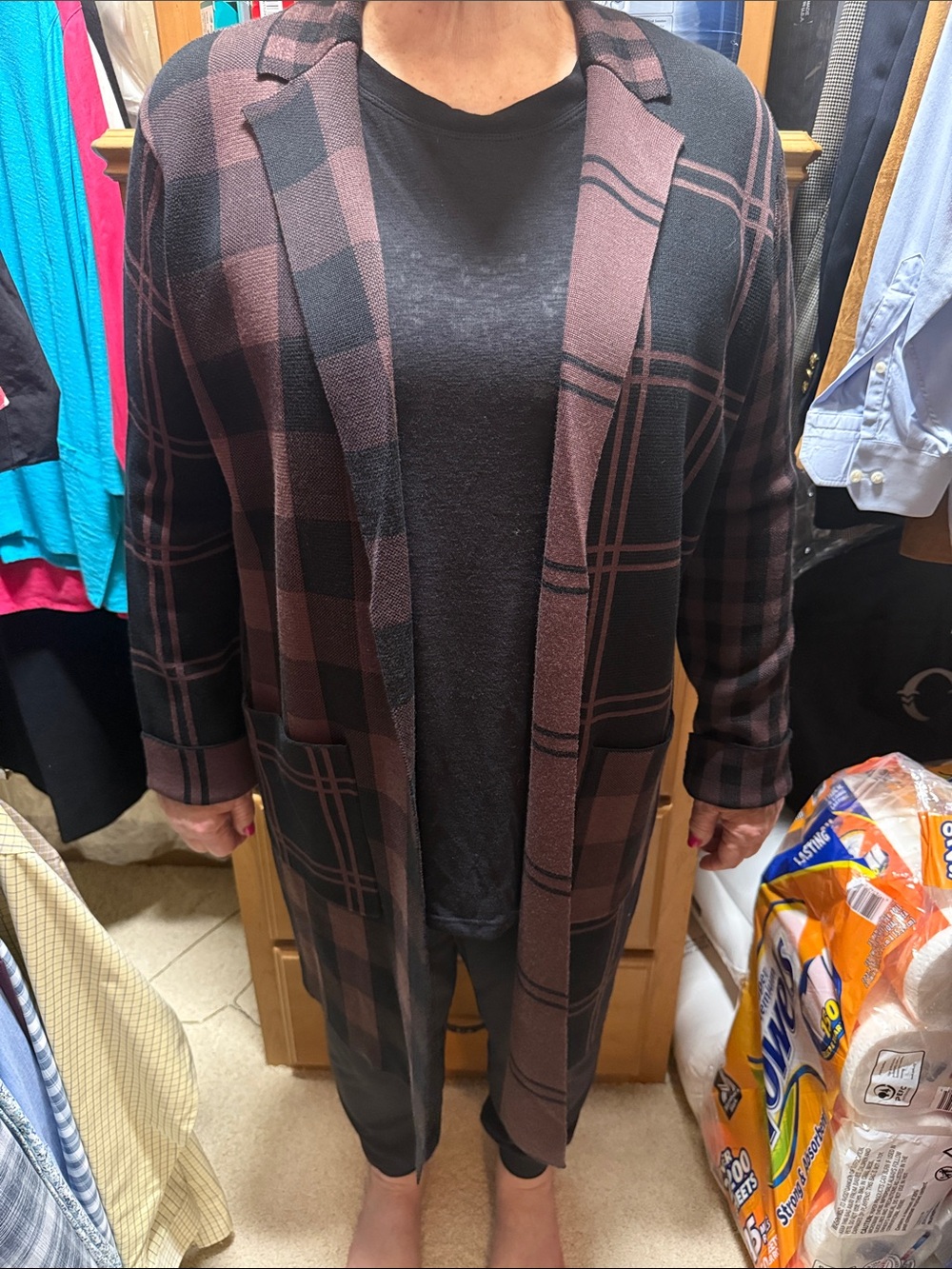 Plaid Open-Front Long Blazer - Black & Burgundy